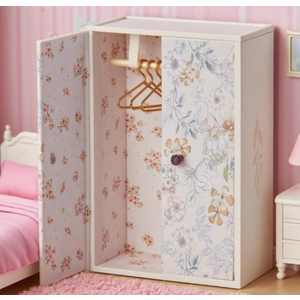 Minamzee 1/12 Dollhouse Wardrobe Closet, Miniature Wooden White Flower Pattern Wardrobe with 3Pcs Clothes Hangers, Magnetic Double Doors Dollhouse Closet for Bedroom Livingroom Furniture Accessory