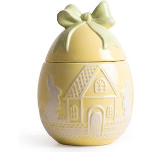 Easter Bunny Cookie Jar with Lid, Yellow Egg Candy Jar, Embossment Bunny Decorative Ceramic Storage Container Jar, Yellow Easter Bunny Egg Decorations for Home Kitchen Indoor Best Easter Gift (5.3"W x 7.9"H)