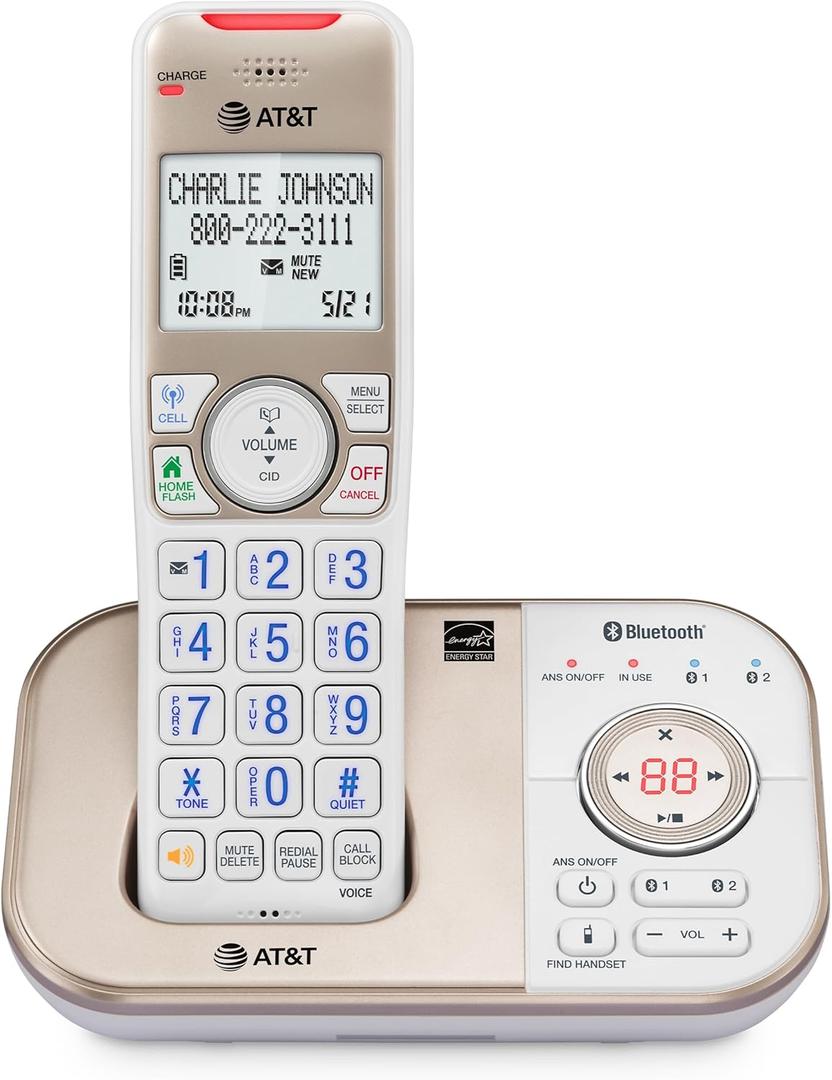 AT&T BL3112 Cordless Home Phone  1 Handset, Bluetooth to Cell, Smart Robocall Blocker (1,000), Digital Answering, Expandable