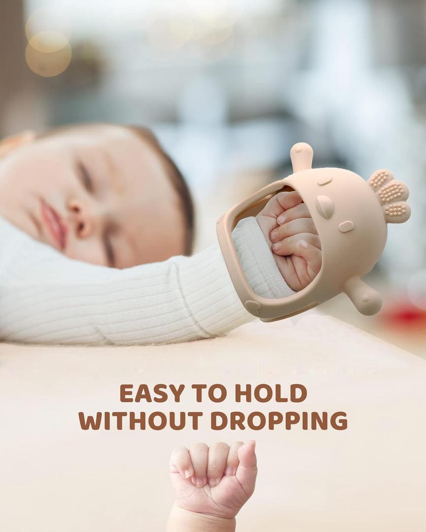 1 Pack Baby Teething Toy Silicone Teething Mitten for Babies Over 3 Months Anti Dropping Wrist Hand Teethers Baby Chew Toys for Sucking Needs, BPA Free (Caramel)