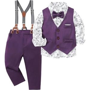 ZOEREA Toddler Boy Suit Formal Wedding Outfits Gentleman Clothes Long Sleeve Shirt + Suspender Pants + Bowtie (4-5T, Purple)