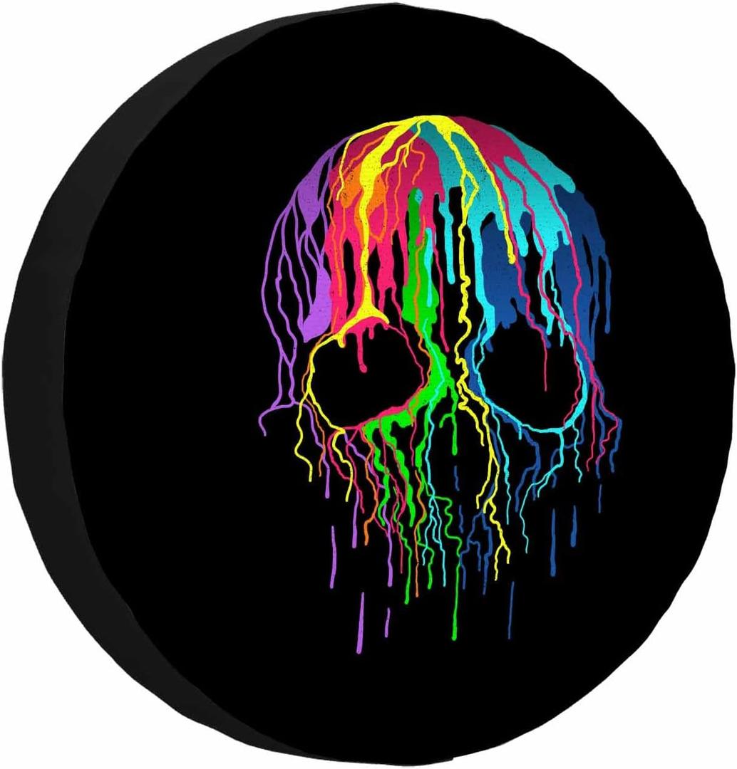 Skull Colors Splats Spare Tire Cover Art Rainbow Skeleton Punk Fashion Hippie Weatherproof Universal Wheel Protectors Camper Tire Covers for Trailer Rv Travel(17 inch) (17" fits tire cover diameter 31"-35")