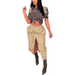 LAJIOJIO Cargo Skirts High Waisted Skirts for Women Front Split Slim Fit Casual Maxi Skirt Streetwear (Large, K9080-khaki)