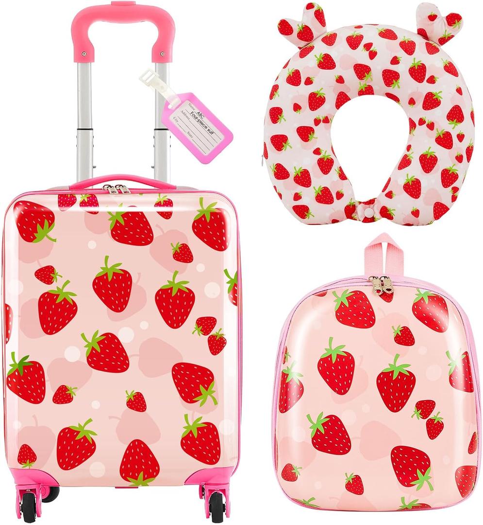 Sanwuta 4 Pcs Kids Luggage Set Carry On Rolling Suitcase Backpack Neck Pillow Travel Set Gift for Girls Boys Summer Camp(17 Inch,Strawberry Style,Light Pink)