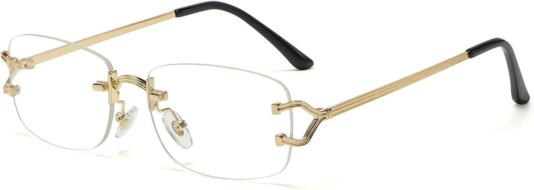 Rimless Sunglasses for Men Women Trendy Small Narrow Rectangle Metal Frame Sun Glasses Shades 90s Eyewear (A7* Gold / Transparent)
