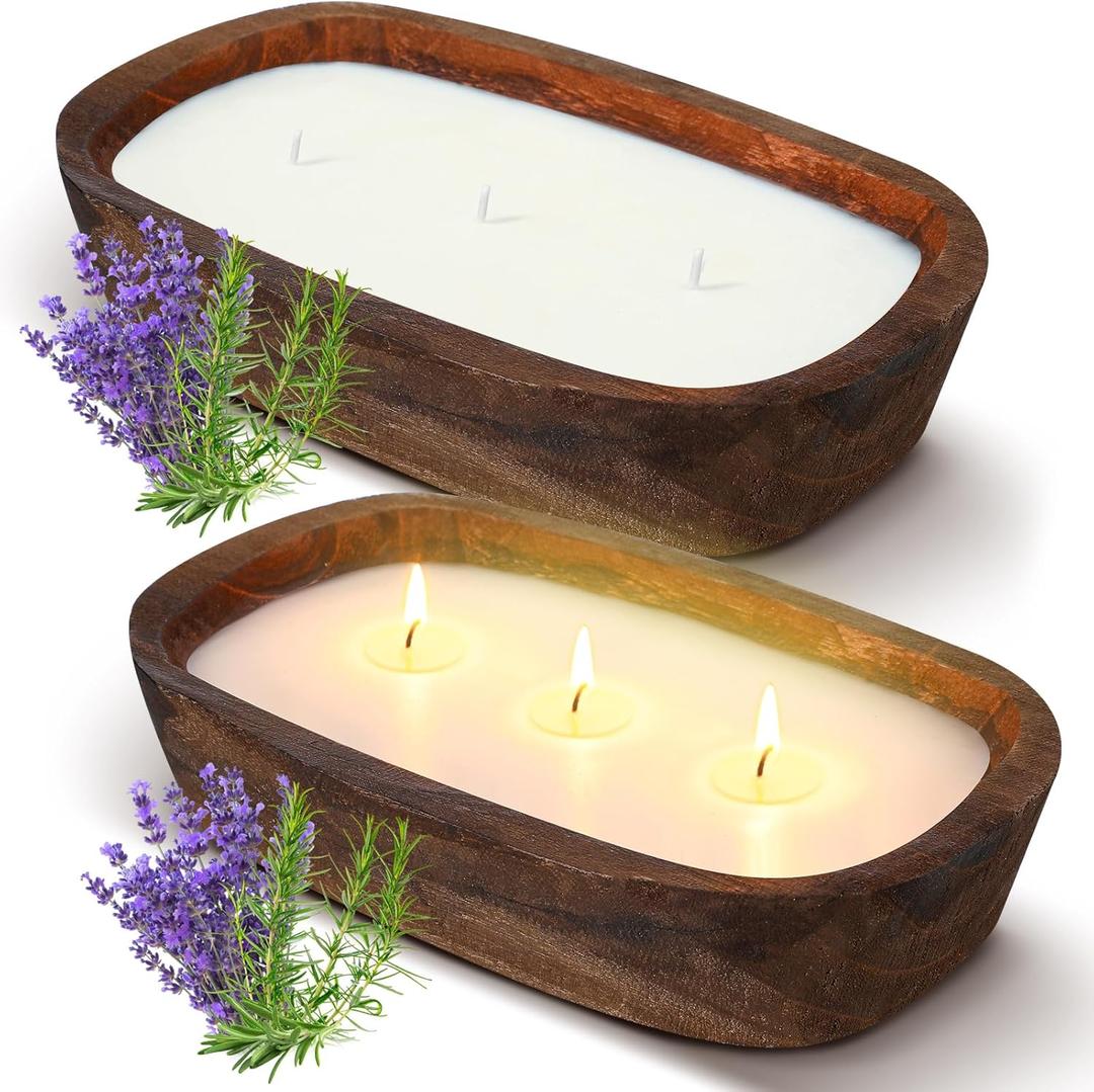 Threlaco 2 Pack Wood Dough Bowl Candle Jar Candle Decorative with Wick Scented Candles Soy Gifts for Men Women Farmhouse Table Centerpiece Home (Lavender)