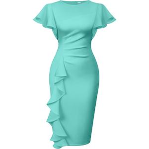 Memoriesea Women's Vintage Church Ruffle Sleeve Ruched Bodycon Work Midi Pencil Dress (X-Large, Lake Blue)