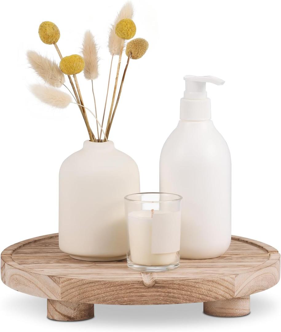 10'' Round Wooden Tray Pedestal Stand, Farmhouse Bathroom Decor Riser for Soap Dispenser, Perfume, Candle, 10'', Light Brown