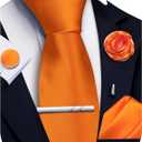 Solid Color Ties for Men Silk Satin Necktie and Pocket Square Cufflinks Tie Clip Lapel Pin Set Wedding Business 5PCS (Orange)