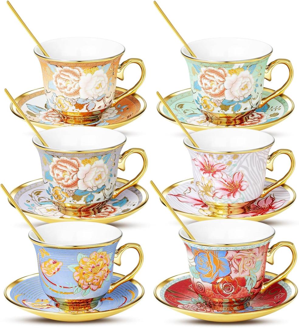 Tea Cups and Saucers, Tea Cup Set of 6, 8 OZ Floral Cups Porcelain Cup Set for Cappuccino, Coffee, Afternoon Tea Birthday Party Supply Housewarming Gift