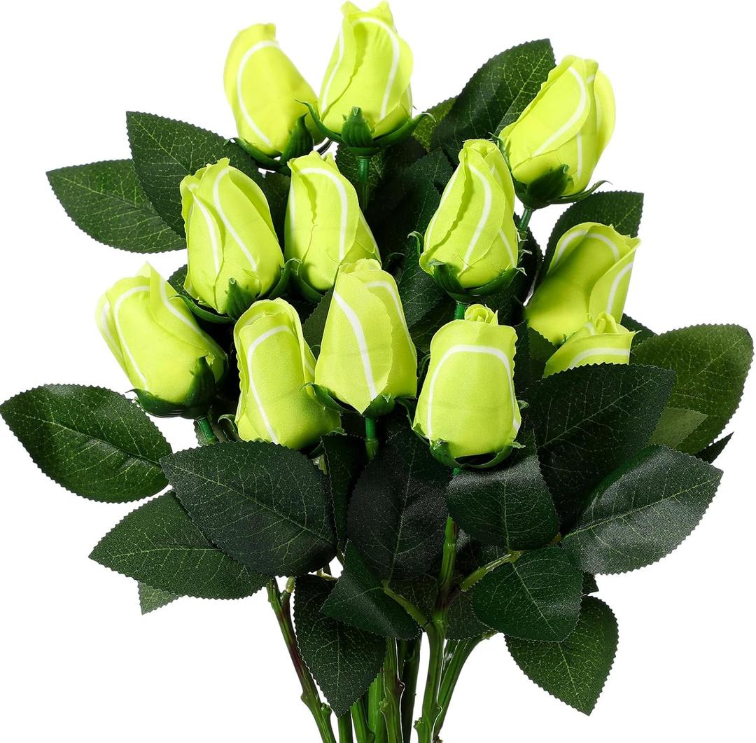 Suhine 12 Pcs Artificial Tennis Rose Flowers Sports Party Favors Bulk for Birthday Graduation Wedding Party Decorations Table Centerpieces Mom Fans Team Coach Senior Night Gift (Tennis Color, Normal)