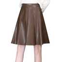 Chouyatou Women's High Waisted Faux Leather Pleated Skirt A Line Knee Length Business Casual Midi Skirt (Medium, Coffee)