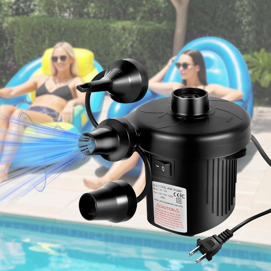 Air Pump for Inflatables, Air Mattress Pump, Electric Air Pump with 3 Nozzles for Pool Floats, Air Mattress Beds, Inflatable Swimming Pools, Swimming Ring, Vacuum Storage Bag