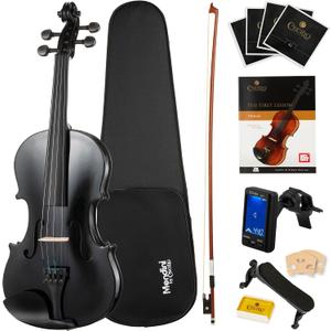 Mendini By Cecilio Violin 4/4 Full Size For Beginners - Fiddle Solidwood Kit with Hard Case - Acoustic Violins with Bow, Rosin, Tuner, Extra Strings & Bridge, Shoulder Rest and Lesson Book (Black)