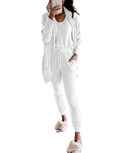 Fessceruna Womens Waffle Knit 3 Piece Lounge Sets Pajama Tank Top Long Sleeve Cardigan and Pants Loungewear Outfit White, M