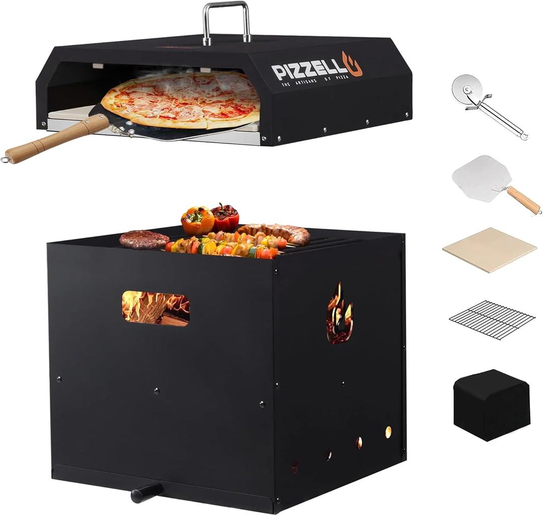 PIZZELLO 4-in-1 Outdoor Pizza Oven 16" Wood Fired Outside Oven 2-Layer Detachable Pizza Maker with Pizza Stone, Pizza Peel, Cover, Cooking Grill Grate, Pizzello Gusto