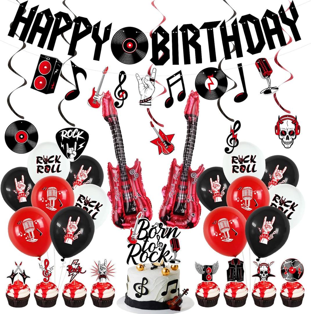 Crenics Rock and Roll Birthday Party Decorations - Happy Birthday Banner, Hanging Swirls, Cake Toppers and Balloons for Music Rock & Roll Party Supplies Crenics Rock and Roll Birthday Party Decorations - Happy Birthday Banner, Hanging Swirls, Cake Toppers and Balloons for Music Rock & Roll Party Supplies