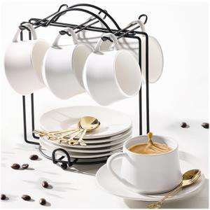 Lareina 3-Ounce Porcelain Espresso Cups Set of 6, Stackable Coffee Cups with Saucers, Spoons and Metal Stand, Ceramic Demitasse Mugs, Espresso Accessories for Machine, White