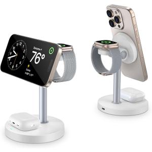 3 in 1 Wireless Charging Station for Apple Series, 15W Fast Magnetic Charger Night Stand for Bedrooms, iPhone 12-16 Series, Apple Watch, Airpods, Gifts for Men & Women-White(No AC Adapter)