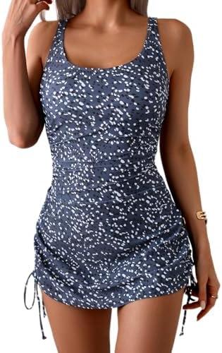 Eomenie Women's One Piece Swimdress Swimsuit with Drawstring Tummy Control Bathing Suits Push Up Swim Dresses with Bottom, M