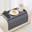 GEHE Bamboo Sofa Arm Tray, Foldable Couch Arm Tray Side Table, Anti-Falling Armrest Tables Cup Holder for Snacks, Drinks, Beers, Phone, Control, Flexible and Portable, Anti-Slip (Gray)