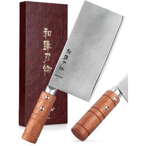 HEZHEN 7" Cleaver Knife, Composite Steel Chinese Kitchen Chef Knife, Clad Steel Butcher Knife, Padauk Wood Handle