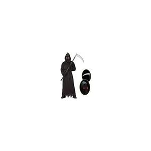 Grim Reaper Halloween Costume with Glowing Red Eyes for Kids, Scythe Included XL