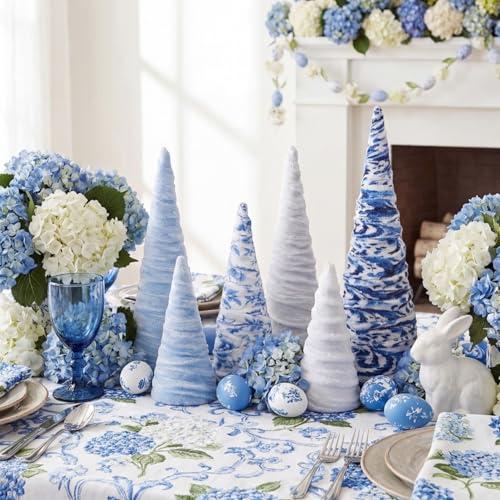 Civaner 6 Pcs Blue White Easter Decor Chinoiserie Velvet Trees Set Vintage Tabletop Cone Tree Farmhouse Easter Tiered Tray Ornament for Holiday Entryway Tabletop Centerpiece Decor