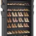 VTRIN Tall Shoe Rack with Cover, 10 Tier Shoe Organizer Storage for 50-55 Pairs Shoes and Boots Large Capacity Shoe Shelf with 8 Pockets Free Standing Shoe Rack for Closet, Entryway, Garage