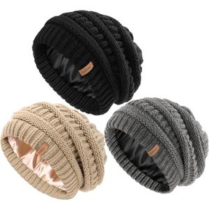 FURTALK Womes Slouchy Winter Beanie Knit Hat Satin Lined 3 Pack Thick Warm Fashionable Skull Cap (Black+gray+light Khaki)