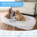 WROS Human Dog Bed - 71"x45"x12" Fits You & Pets, Washable Faux Fur, Orthopedic, Plump Pillow, Blanket, Strap - Grey