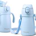 Bakpoco Stainless Steel Straw Sippy Cup for Toddlers 1-3 Years Old, Insulated Toddler Water Bottle Baby Training Tumbler with Handles & Strap, 9oz Kids Straw Cups for Travel Daycare, Blue Bear 1-Pack