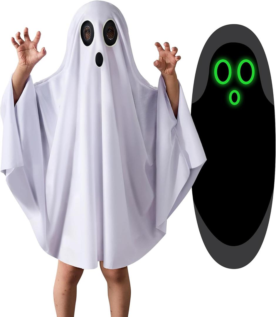 THDZS Unisex Boys and Girls Ghost Costume,Halloween Fancy Dress,White Boo Ghost Cloak Cape Cosplay Costume Halloween Costume (Medium)