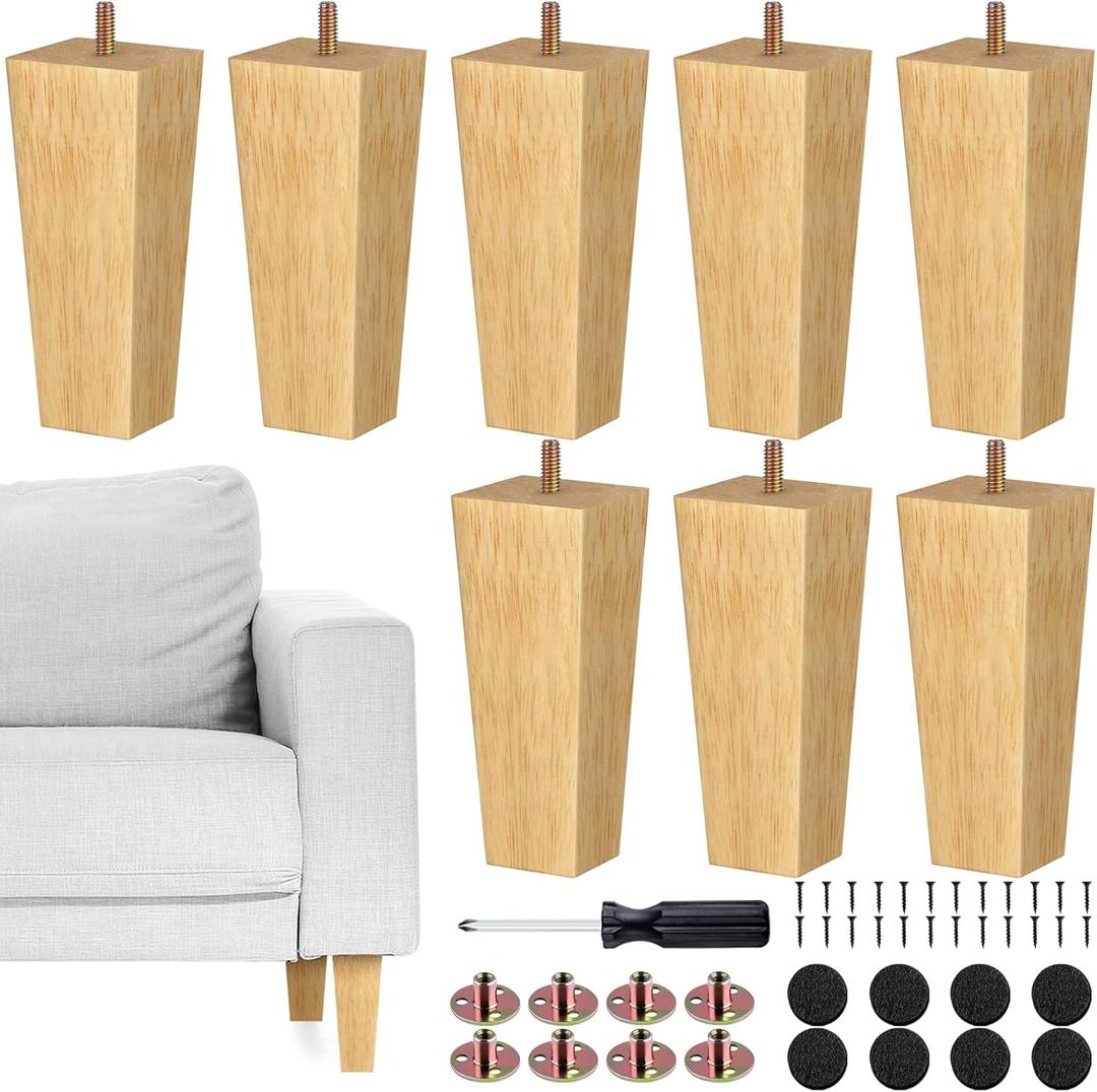 TURSTIN Set of 8 Furniture Legs 6 Inch Square Solid Wood Couch Legs Replacement Sofa Legs Mid Century Furniture Feet for Armchair Bed Dresser Cabinet Include Installation Hardware, Natural
