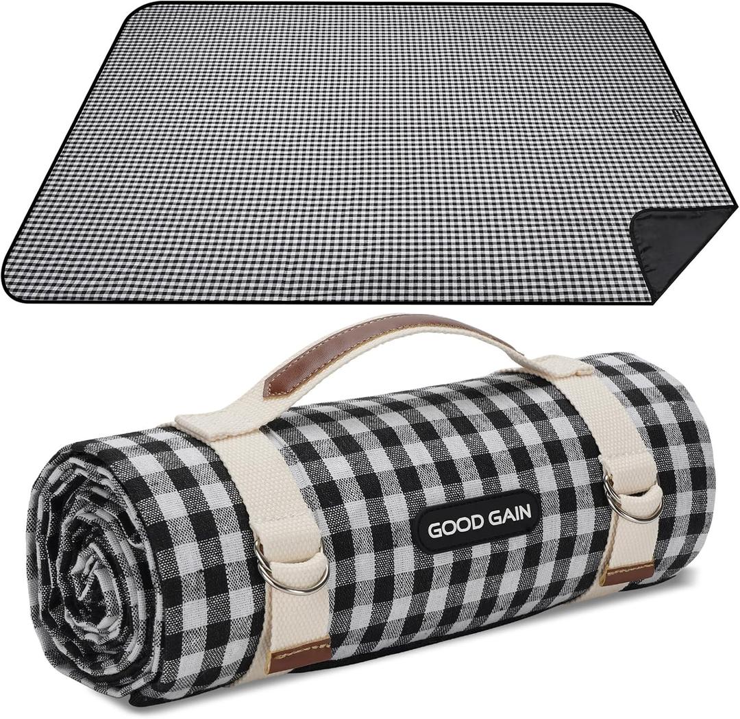 Picnic Outdoor Blankets Waterproof Extra Large - Beach Mat Sand Free Foldable with Carry Strap | Portable Camping Blanket | Park Blanket for Grass Park, Hiking, Travel, Concerts, Indoor (Black), 78*57inch