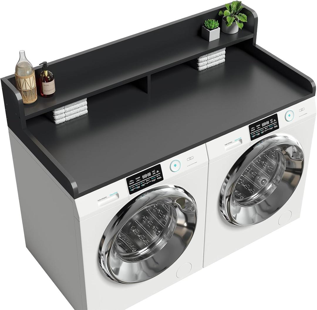 2-Tier Washer Dryer Countertop with 2.75" H Edge Rails, 58" W x 28" D Laundry Countertop for Folding Clothes, Washer and Dryer Topper with Non-Slip Pad (Black)