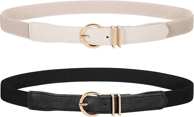 WERFORU 2 Pack Women Skinny Elastic Waist Belt Gold Buckle Stretchy Thin Belt for Jeans Dress, L