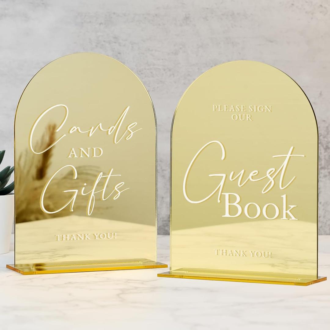 Set of 2 Gold Acrylic Wedding Signs, 5"x7" Gold Mirror Arch Acrylic Table Sign and Base, Modern Font TableTop Reception Sign for Wedding & Party Event (Golden, 5 x7 Inch)