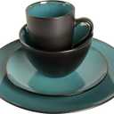 Gibson Elite Soho Lounge 16-Piece Round Reactive Glaze Stoneware Dinnerware Set, Service for 4 Teal Plates and Bowls