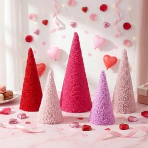 Novabright 5 Pcs Valentine's Day Cone Decoration Tree 6" 8" 10" Wool Plush Tabletop Centerpiece Decor Valentines Cone Tree Tiered Tray Decor for Home Wedding Anniversary Fireplace Shelf Decoration