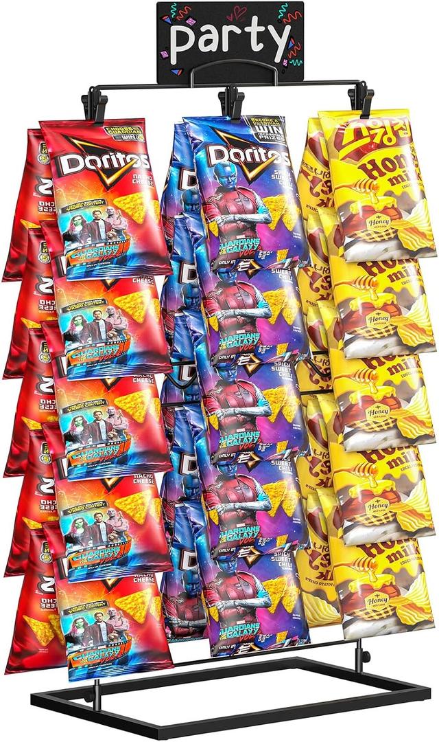 TJ.MOREE Chip Rack Display Stand, Chip Bag Holder for Party Display 3-Row 48 Clips Countertop Snack Hanger, Snack Retail Display Rack for Party, Concession
