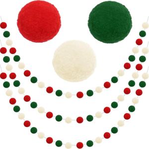 Christmas Pom Pom Garland, 3 Pack Cute Hanging Felt Ball Red White Green Pompom Bead Ornament String Banner Garland, Christmas Decorations for Tree Indoor Home Room Decor Xmas Birthday Party Supplies
