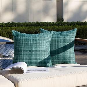 Kevin Textile Pack of 2 Decorative Outdoor Waterproof Throw Pillow Covers Stripe Square Pillowcases Modern Cushion Cases for Patio Couch Bench 18 x 18 Inch Teal