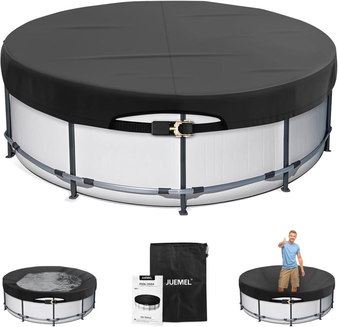 12FT Round Pool Cover with Ratchet Strap Tightener | Easy Installation Pool Covers for Above Ground Pools | Solar Hot Tub Cover Ideal for Hydrophilic and Dustproof for Backyard/lona para Piscina (BLACK)