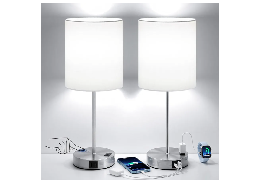 White Touch Lamps for Nightstand Set of 2 - Bedside Table Lamp for Bedroom with Dual USB Ports & AC Outlet, 3-Way Dimmable Lamps for Living Room Boys Room, Night Light with 5000K Daylight Bulbs