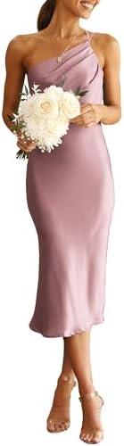 PRETTYGARDEN Women's Midi Satin Dress One Shoulder Spaghetti Strap Backless Ruched Summer Bodycon Dresses, L