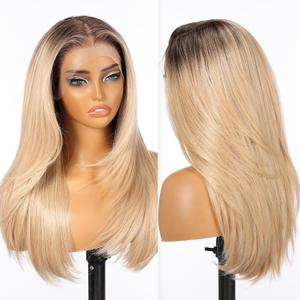 KOME Ombre Blonde Synthetic Lace Front Wig, 13X6 Long Straight Layered Glueless Wigs for Women Daily Use 22IN(#6/1062)