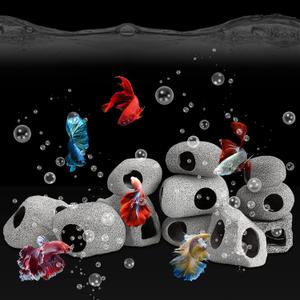 Lyrow 10 Pieces Aquarium Hideaway Rock Cave Stackable Fish Tank Decorations for Aquatic Pets to Breed, Play and Rest, Ceramic Shelters for Small Fish, Betta Cave Shrimp Habitat, Breeding Tube (Rustic)