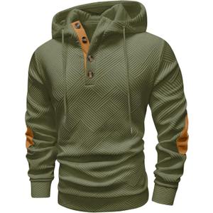 Vssjavun Mens Pullover Hoodie Casual Textured Long Sleeve Half Button Hooded Sweatshirt Army Green (Green, XL)