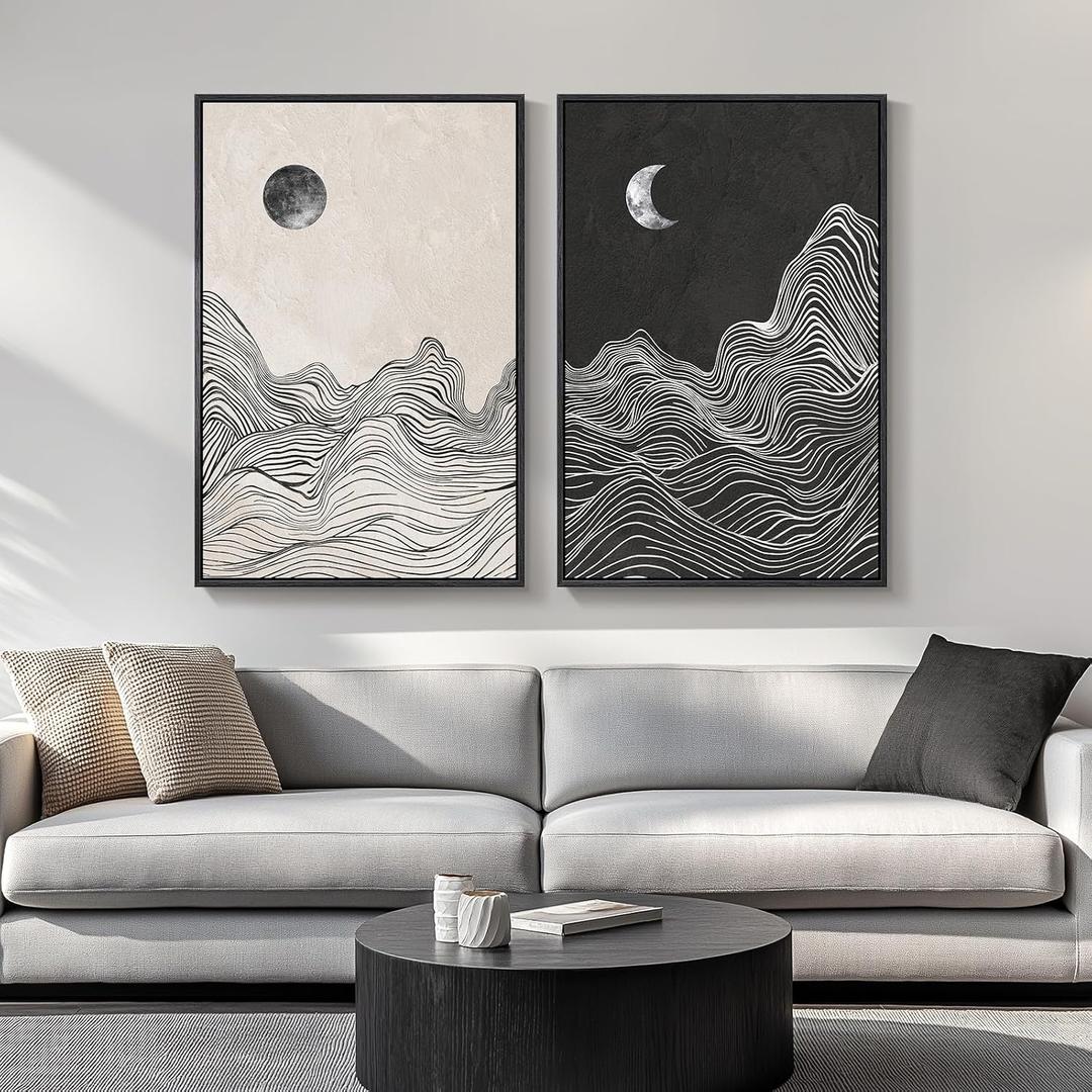 Large Framed Black and White Abstract Wall Art for Living Room, Set of 2 Modern Canvas Prints Paintings Artwork for Walls, Abstract Mountain and Moon Pictures for Bedroom Hallway Wall Decor 24x36 In, 24" W X 36" H X 2pcs